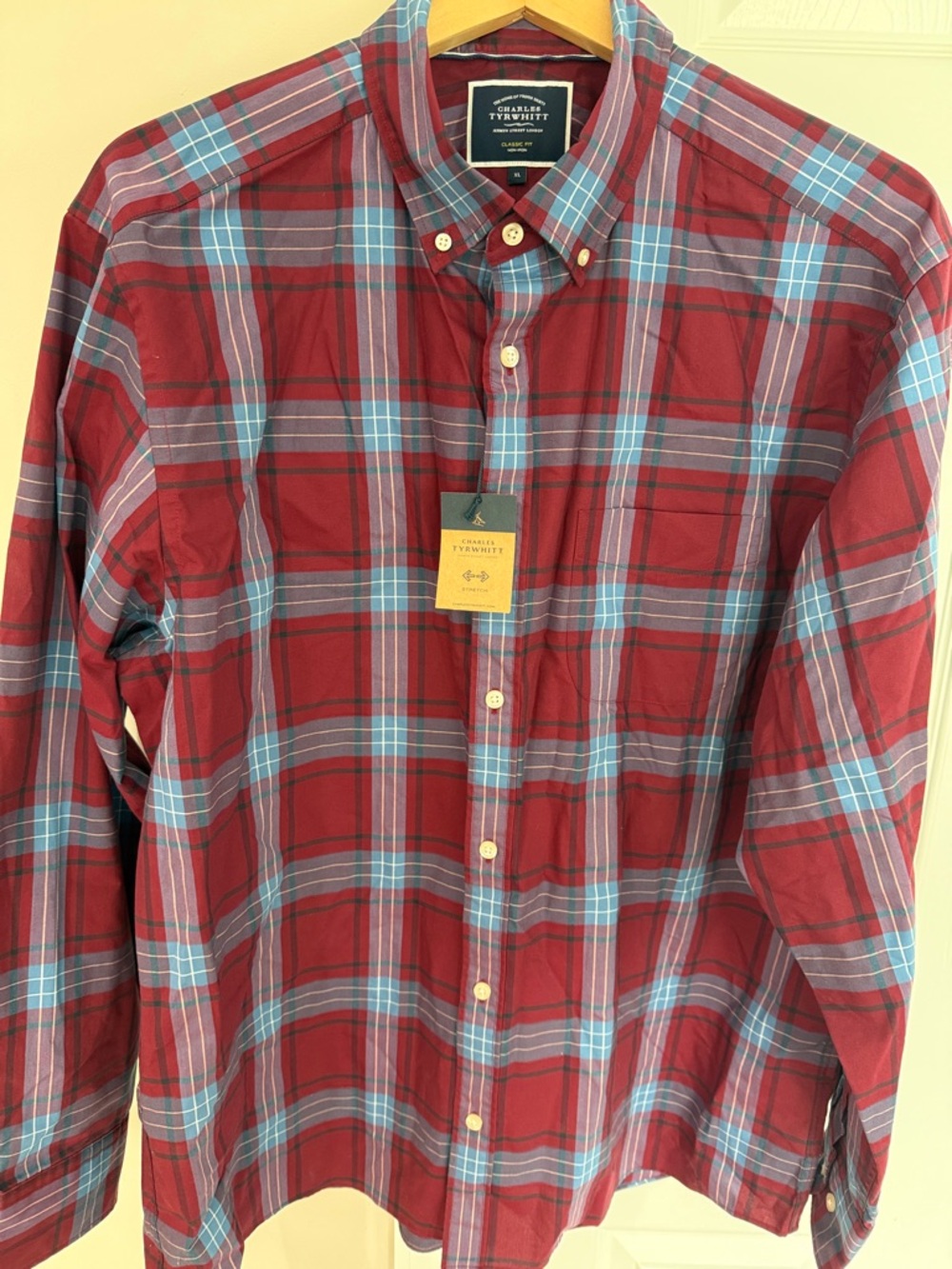 Charles Tyrwhitt Red and Light Blue Plaid Button-Down Shirt